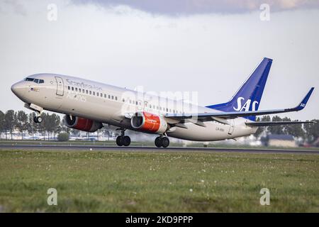 SAS Scandinavian Airlines Boeing 737-800-Flugzeuge während des Rollens, der Rotation, des Start- und der Flugphase beim Abflug von Amsterdam Schiphol AMS EHAM. Das B738-Personen-Düsenflugzeug fährt vor einem Kontrollturm, während es von der Start-und Landebahn Polderbaan abfliegt, das Flugzeug hat die Registrierung LN-RRH und den Namen Freja Viking. SAS ist die Flaggschiff-Fluggesellschaft Dänemarks, Norwegens und Schwedens, die Fluggesellschaft hat eine Flottengröße von 180 Flugzeugen und ist Mitglied der Star Alliance Aviation Group. Nach Angaben der europäischen Medien kündigte SAS 4000 Flugstreichungen in dieser Sommersaison aufgrund der st Stockfoto