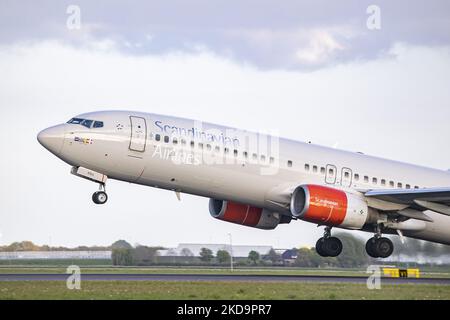 SAS Scandinavian Airlines Boeing 737-800-Flugzeuge während des Rollens, der Rotation, des Start- und der Flugphase beim Abflug von Amsterdam Schiphol AMS EHAM. Das B738-Personen-Düsenflugzeug fährt vor einem Kontrollturm, während es von der Start-und Landebahn Polderbaan abfliegt, das Flugzeug hat die Registrierung LN-RRH und den Namen Freja Viking. SAS ist die Flaggschiff-Fluggesellschaft Dänemarks, Norwegens und Schwedens, die Fluggesellschaft hat eine Flottengröße von 180 Flugzeugen und ist Mitglied der Star Alliance Aviation Group. Nach Angaben der europäischen Medien kündigte SAS 4000 Flugstreichungen in dieser Sommersaison aufgrund der st Stockfoto