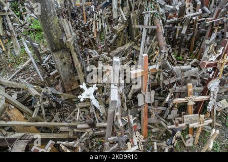 Der Kreuzberg ist in der Nähe von Siauliai, im Norden Litauens, am 6. Mai 2022 zu sehen. Der Kreuzberg ist ein wichtiger Ort der katholischen Wallfahrt in Litauen. Die genaue Anzahl der Kreuze ist unbekannt, aber Schätzungen zufolge liegt sie bei etwa 200k. Es wird angenommen, dass die ersten Kreuze nach dem Aufstand von 1831 auf dem Hügel platziert wurden. (Foto von Michal Fludra/NurPhoto) Stockfoto
