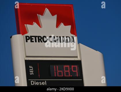 Logo von Petro-Canada vor einer Tankstelle im Gebiet von South West Edmonton. Am Donnerstag, den 12. Mai 2022, Kanada. (Foto von Artur Widak/NurPhoto) Stockfoto