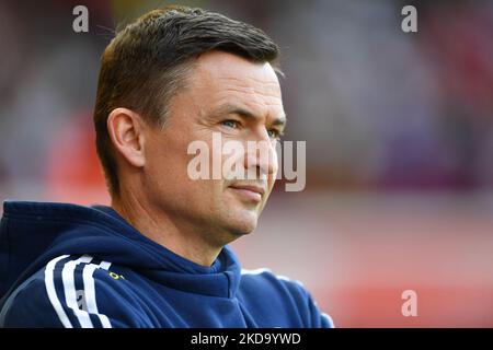 Paul Heckingbottom, Manager von Sheffield United während des Play-Off-Halbfinales 1. zwischen Sheffield United und Nottingham Forest in der Bramall Lane, Sheffield, am Samstag, 14.. Mai 2022. (Foto von Jon Hobley/MI News/NurPhoto) Stockfoto