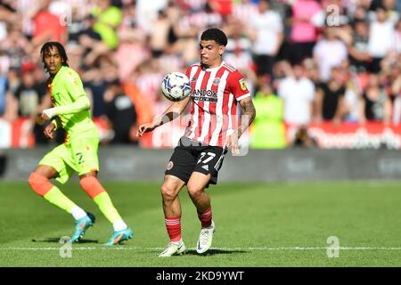 Morgan Gibbs-White von Sheffield United in Aktion während der Sky Bet Championship Play-Off Halbfinale 1. Etappe zwischen Sheffield United und Nottingham Forest in Bramall Lane, Sheffield am Samstag, 14.. Mai 2022. (Foto von Jon Hobley/MI News/NurPhoto) Stockfoto