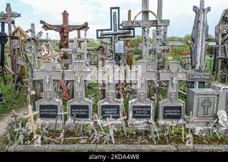 Der Kreuzberg ist in der Nähe von Siauliai, im Norden Litauens, am 6. Mai 2022 zu sehen. Der Kreuzberg ist ein wichtiger Ort der katholischen Wallfahrt in Litauen. Die genaue Anzahl der Kreuze ist unbekannt, aber Schätzungen zufolge liegt sie bei etwa 200k. Es wird angenommen, dass die ersten Kreuze nach dem Aufstand von 1831 auf dem Hügel platziert wurden. (Foto von Michal Fludra/NurPhoto) Stockfoto