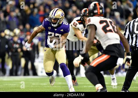 Seattle, WA, USA. 04.. November 2022. Washington Huskies läuft zurück Cameron Davis (22) spielt den Ball während des NCAA-Fußballspiels zwischen den Oregon State Beavers und Washington Huskies im Husky Stadium in Seattle, WA. Washington besiegte den Staat Oregon 24-21. Steve Faber/CSM/Alamy Live News Stockfoto