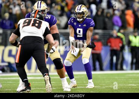 04. November 2022: Washington Huskies Quarterback Michael PeniX Jr. (9) erhält einen Schrotflintenschuss während des NCAA-Fußballspiels zwischen den Oregon State Beavers und Washington Huskies im Husky Stadium in Seattle, WA. Washington besiegte den Staat Oregon 24-21. Steve Faber/CSM Stockfoto