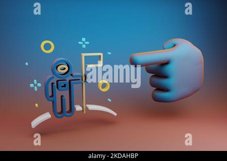 Schöne Illustrationen abstrakte Hand Zeigefinger zeigt auf Astronaut und Flaggensymbol Symbol auf einem mehrfarbigen hellen Hintergrund. 3D Rendering illustrati Stockfoto