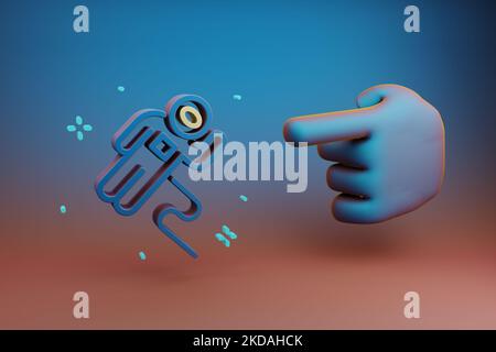 Schöne Illustrationen abstrakte Hand Zeigefinger zeigt auf Astronaut und Start Symbol Symbol auf einem mehrfarbigen hellen Hintergrund. 3D Rendering Illustrat Stockfoto