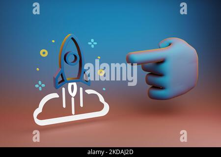 Schöne Illustrationen abstrakte Hand Zeigefinger zeigt auf Rocket Launch und Start Symbol Symbol auf einem mehrfarbigen hellen Hintergrund. 3D Rendering illus Stockfoto