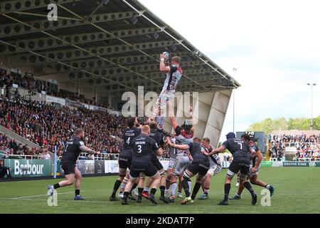 Hanro Liebenberg von Leicester Tiger gewinnt beim Spiel der Gallagher Premiership zwischen Newcastle Falcons und Leicester Tigers im Kingston Park, Newcastle, am Samstag, den 21.. Mai 2022, eine Line-out. (Foto von Michael Driver/MI News/NurPhoto) Stockfoto