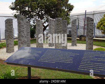 Camp Kigali Belgisches Denkmal, im Stadtzentrum von Kigali, Ruanda Camp Kigali Belgisches Denkmal, Kigali, Ruanda, wo zehn belgische UN-Friedenstruppen von den Hutu-Extremisten ermordet wurden, um einen Abzug der UN-Truppen zu provozieren, Die dann den Weg frei machte, damit sich der Völkermord in Ruanda in vollem Umfang entfalten kann. Stockfoto