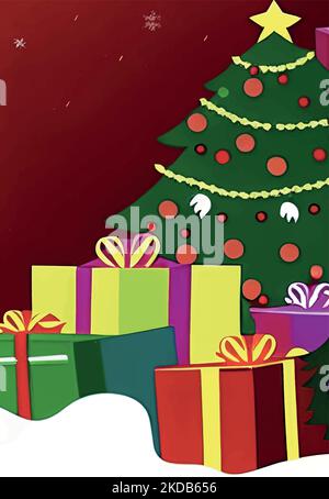 Ein farbenfroher Weihnachtsbaum mit vielen Geschenkboxen im Schnee auf rotem Hintergrund Stock Vektor