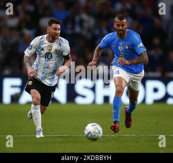 LONDON, ENGLAND - 01. JUNI: Lionel Messi aus Argentinien während der Finalissima CONMEBOL - UEFA Cup of Champions zwischen Italien und Argentinien im Wembley Stadium, London, UK 01.. Juni 2022 (Foto von Action Foto Sport/NurPhoto) Stockfoto