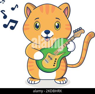 Ein Vektorbild einer süßen Cartoon-Katze, die Gitarre spielt Stock Vektor