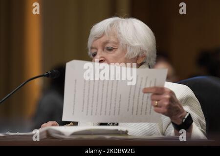 Janet Yellen, US-Finanzministerin, spricht vor dem Finanzausschuss des Senats über die von den Präsidenten vorgeschlagene Budgetanfrage für das Geschäftsjahr 2023 während einer Anhörung, die heute am 07. Juni 2022 im Senat Dirksen/Capitol Hill in Washington DC, USA, stattfand. (Foto von Lenin Nolly/NurPhoto) Stockfoto