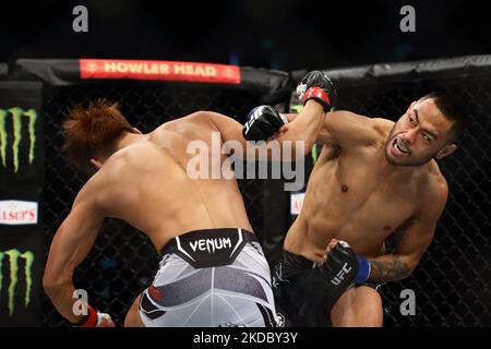 Josh Culibao aus Australien (R) kämpft während des UFC 275-Events im Singapore Indoor Stadium am 12. Juni 2022 in Singapur gegen Seungwoo Choi aus Südkorea im Federgewichtskampf der Männer. (Foto von Suhaimi Abdullah/NurPhoto) Stockfoto