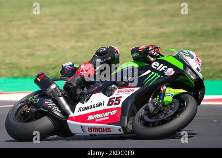 #65 JONATHAN REA (Kawasaki RacingTeam WSBK - ZX-10RR) während der World Superbike - SBK Pirelli Emilia-Romagna Runde FIM Superbike World Championship 2022 - Race2 am 12. Juni 2022 auf dem Misano World Circuit â € œMarco Simoncelliâ € in Misano Adriatico, Italien (Foto von Valerio Origo/LiveMedia/NurPhoto) Stockfoto