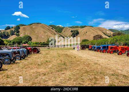 Die Reihen von Vintage-Traktoren auf dem Ackerland an einem sonnigen Tag Stockfoto