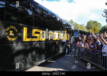 Baton Rouge, LA, USA. 5.. November 2022. LSU Football Busse kommen auf dem Victory Hill vor dem NCAA Fußballspiel zwischen der Alabama Crimson Tide und den LSU Tigers im Tiger Stadium in Baton Rouge, LA an. Jonathan Mailhes/CSM/Alamy Live News Stockfoto