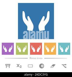 Leere Schutzhände durchgehende, flache weiße Symbole auf quadratischem Hintergrund. 6 Bonus-Symbole enthalten. Stock Vektor