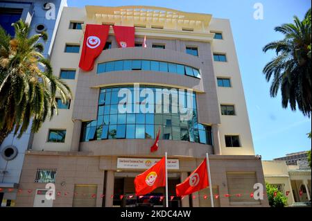 Die tunesische Allgemeine Arbeitsunion (UGTT) wird am 16. 2022. Juni in Tunis, Tunesien, einen Generalstreik im öffentlichen Sektor 15,2022 abhalten. (Foto von Yassine Mahjoub/NurPhoto) Stockfoto