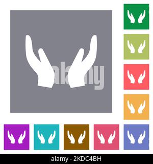 Leere Schutzhände durchgehende flache Symbole auf einfachen farbigen quadratischen Hintergründen Stock Vektor