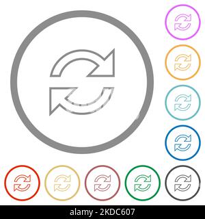 Pfeile zum Aktualisieren umreißen flache Farbsymbole in runden Umrissen auf weißem Hintergrund Stock Vektor