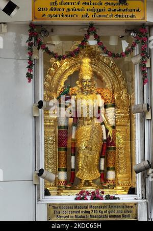 Idol der Göttin Madurai Meenakshi Amman aus 210kg reinem Gold und Silber, ausgestellt in einem Juweliergeschäft in der Nähe des historischen Madurai Meenakshi Amman Tempels (Arulmigu Meenakshi Sundareshwarar Tempel) in Madurai, Tamil Nadu, Indien. (Foto von Creative Touch Imaging Ltd./NurPhoto) Stockfoto
