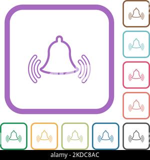 Klingende Glocke umreißen einfache Symbole in farbigen abgerundeten quadratischen Rahmen auf weißem Hintergrund Stock Vektor
