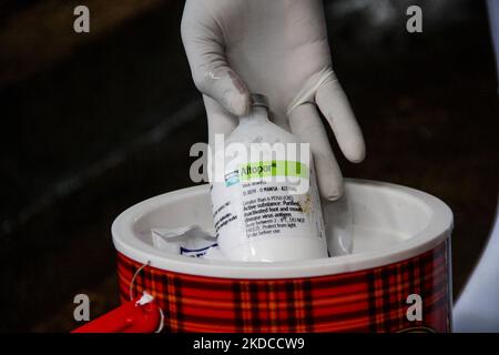 Ein Tierarzt bereitet am 20. Juni 2022 in Cilembu, Sumedang Regency, West Java, den Aftopor-Impfstoff gegen Mund- und Nagelkrankheiten (MKS) für Nutztiere vor. Indonesien. Die Regierung von West-Java strebt an, dass sie in der ersten Woche 2.000 Kühe in fünf westjavanischen Rinderfarmen wie Bandung Regency, West Bandung Regency, Garut, Kuningan und Sumedang mit einer Mund- und Nagelkrankheit-Impfung (PMK) impfen kann. (Foto von Algi Febri Sugita/NurPhoto) Stockfoto