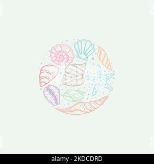 Ein kreisförmiger Rahmen aus bunten Muscheln in Pastelltönen, isoliert auf hellblauem Hintergrund Stock Vektor