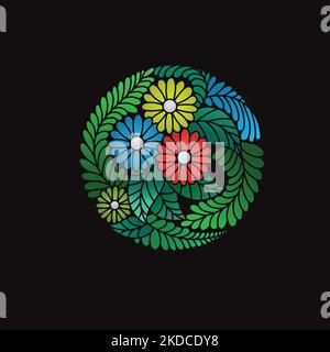 Ein einzigartiger farbenfroher, handgezeichneter Kreis auf schwarzem Hintergrund Stock Vektor