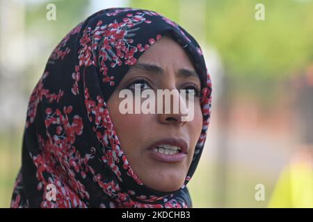 Tawakkol Karman, ein jemenitischer Nobelpreisträger, Journalist, Politiker und Menschenrechtsaktivist, besuchte das Hotel Magda, ein Hotelgebäude, das in ein Unterschlupf für ukrainische Flüchtlinge umgewandelt wurde. Dort leben etwa 80 Flüchtlinge, meist Frauen und Kinder. Drei Friedensnobelpreisträger, Tawakkol Karman (Jemen), Leymah Gbowee (Liberia) und Jody Williams (USA), haben heute ihren Besuch in der Ukraine und in Polen zum Gedenken an den viermonatigen russischen Einmarsch in die Ukraine abgeschlossen. Die Preisträger fordern den sofortigen Abzug der russischen Truppen aus der Ukraine, die Rechenschaftspflicht für den russischen Krieg cri Stockfoto