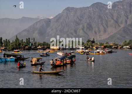 Touristen genießen Shikara Fahrt am berühmten Dal Lake in Srinagar Jammu und Kaschmir Indien am 24. Juni 2022. Nach drei Jahren des Einbruchs erlebt Kaschmir in diesem Sommer einen massiven Zustrom von Touristen, der den Interessengruppen Freude bereitet. Nach den Daten des Tourismusministeriums von J&K besuchten bis zum 17.. Mai über 1 80.000 Touristen das Tal. (Foto von Nasir Kachroo/NurPhoto) Stockfoto