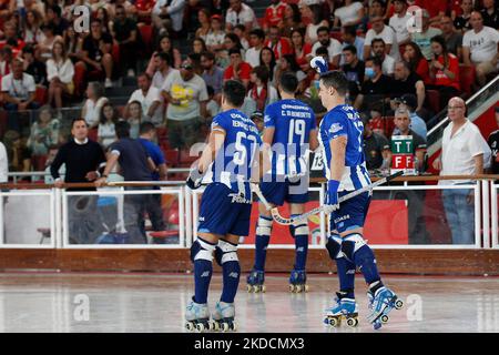 Gonçalo Alves des FC Porto feiert während der Rink Hockey-Playoffs 4. Etappe zwischen SL Benfica und FC Porto, im Pavilhão Fidelidade, Lissabon, Portugal, 25, Juni 2022 (Foto von João Rico/NurPhoto) Stockfoto