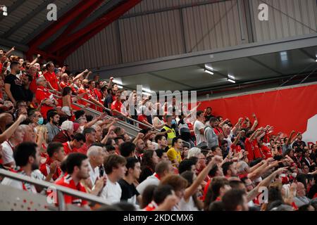 SL Benfica Fans während der Rink Hockey Playoffs 4. Etappe zwischen SL Benfica und FC Porto, in Pavilhão Fidelidade, Lisboa, Portugal, 25, Juni 2022 (Foto von João Rico/NurPhoto) Stockfoto