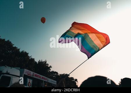 Eine Person mit einer Regenbogenfahne während des Christopher Street Day Stockfoto