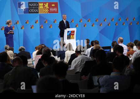 NATO-Generalsekretär Jens Stoltenberg bei der Pressekonferenz während des NATO-Gipfels am 29. Juni 2022 in Madrid, Spanien. (Foto von Jakub Porzycki/NurPhoto) Stockfoto