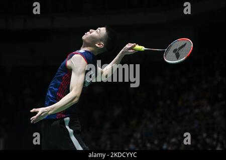 Lee Zii Jia aus Malaysia tritt am zweiten Tag der Petronas Malaysia Open in der Axiata Arena am 29. Juni 2022 in Kuala Lumpur, Malaysia, im Einzelspiel gegen Nhat Nguyen aus Irland an. (Foto von Zahim Mohd/NurPhoto) Stockfoto