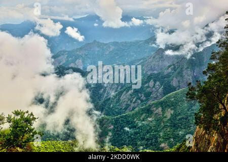 Herrliche Aussicht auf die Berglandschaft in der Nähe der Guna Caves (Devils Kitchen) in Kodaikanal, Tamil Nadu, Indien, am 16. Mai 2022. Guna Caves ist eine Reihe von Höhlen und Höhlen sowie ein Sightseeing-Ort, der für seine 3 Säulen-artigen Felsen berühmt ist. Devils Kitchen ist der ursprüngliche Name dieses Ortes, aber nach dem Blockbuster Kamal Hassan-Film mit dem Titel Guna (der in diesen Höhlen gedreht wurde), sind sie jetzt von indischen Touristen als die Guna-Höhlen bekannt. 13 Menschen sind beim Versuch, die Höhlen zu betreten, gestorben. (Foto von Creative Touch Imaging Ltd./NurPhoto) Stockfoto