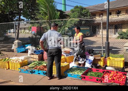 Ein Sri-lankischer kauft Gemüse und Obst von einem lokalen Markt in Colombo, Sri Lanka. 1. Juli 2022. Die Inflation in Sri Lanka erreichte im Juni einen neunten Rekord in Folge, wie offizielle Daten am Freitag (1. Juli) zeigten und stieg auf 54,6 Prozent einen Tag, nachdem der IWF die bankrotte Nation aufgefordert hatte, galoppierende Preise und Korruption einzudämmen. Die Lebensmittelpreise sind nach Angaben der Volkszählung und Statistik seit Februar 2020 um 102,7 Prozent gestiegen. (Foto von Tharaka Basnayaka/NurPhoto) Stockfoto