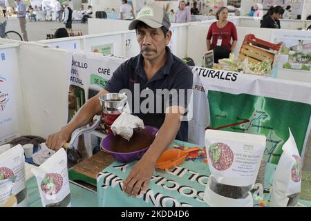 Verkauf von Bio-Kaffee während der Eröffnung der Messe für handwerkliche und nachhaltige Produkte in der Esplanade der Macroplaza Cuitláhuac in Iztapalapa, Mexiko-Stadt, wo mehr als 40 Aussteller und Produzenten aus dem Inneren der mexikanischen Republik, Die an den Bundesprogrammen Sembrando Vida und Conservación de Áreas Naturales teilnehmen. Der Zweck dieser Messe ist es, ihre umweltfreundlichen Produktionsmethoden nach Mexiko-Stadt zu bringen, mit dem Mehrwert, dass der Konsum der ganzen Vielfalt an handwerklichen Lebensmitteln und Derivaten die Wirtschaft der stärkt Stockfoto