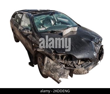 Autounfall isoliert auf weißem Hintergrund. Stockfoto