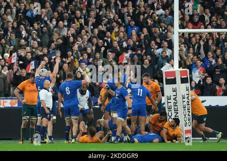 6. November 2022, Saint Denis, seine Saint Denis, Frankreich: Joy of French Team nach seinem Versuch während der Autumn Nations Series 2022 zwischen Frankreich und Australien im Stade de France - St Denis - France.Frankreich gewann 30:29. (Bild: © Pierre Stevenin/ZUMA Press Wire) Stockfoto