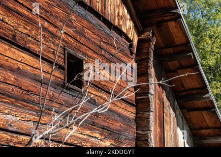 Nahaufnahme der Fassade einer typischen Almhütte, den Dolomitenalpen in Südtirol Stockfoto