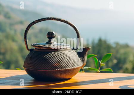 Braune Teekannen aus Eisen im Freien auf Holzhintergrund. Reisen, Frühstück im Freien, Picknick, Brunch-Konzept Stockfoto
