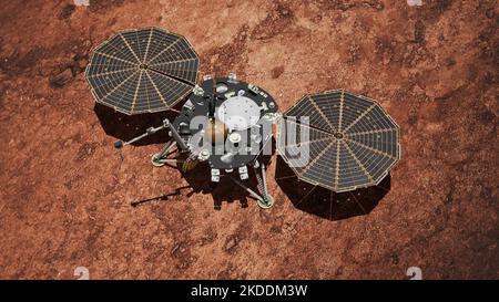 Mars Insight Lander Mission zur Untersuchung des tiefen Inneren des Roten Planeten. 3D Rendern. Stockfoto