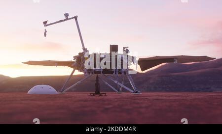 Mars Insight Lander Mission zur Untersuchung des tiefen Inneren des Roten Planeten. 3D Rendern. Stockfoto