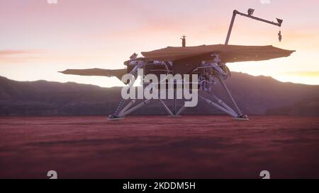 Mars Insight Lander Mission zur Untersuchung des tiefen Inneren des Roten Planeten. 3D Rendern. Stockfoto