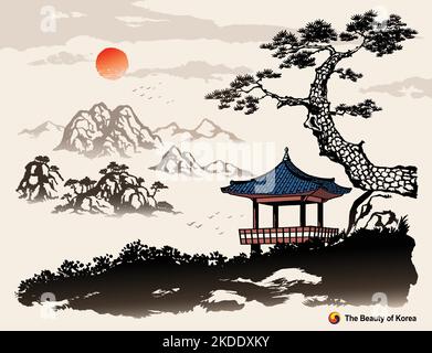 Schöne Korea, Naturlandschaft mit Sonnenaufgang und Hanok, Tintenmalerei, koreanische traditionelle Malerei Vektor-Illustration. Stock Vektor