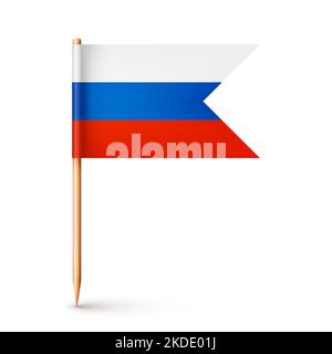 Realistische russische Zahnstocherflagge. Souvenir aus Russland. Zahnstocher aus Holz mit Papierfahne. Positionsmarke, Kartenzeiger. Blanko-Mockup für Werbung und Stock Vektor